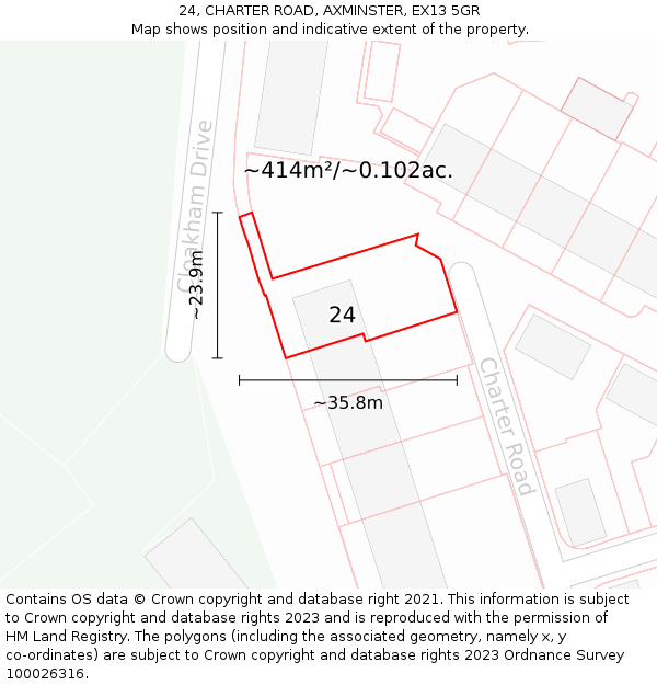 24, CHARTER ROAD, AXMINSTER, EX13 5GR: Plot and title map