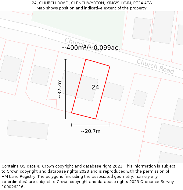 24, CHURCH ROAD, CLENCHWARTON, KING'S LYNN, PE34 4EA: Plot and title map