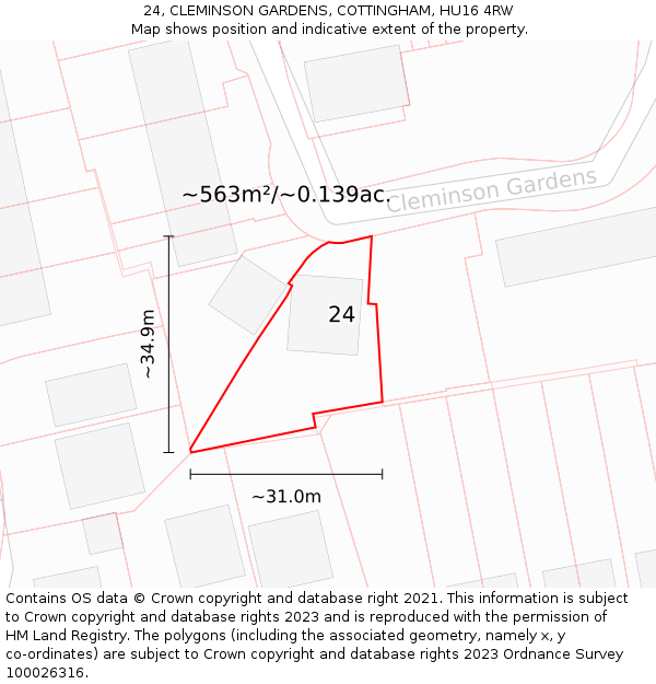 24, CLEMINSON GARDENS, COTTINGHAM, HU16 4RW: Plot and title map