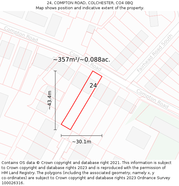 24, COMPTON ROAD, COLCHESTER, CO4 0BQ: Plot and title map