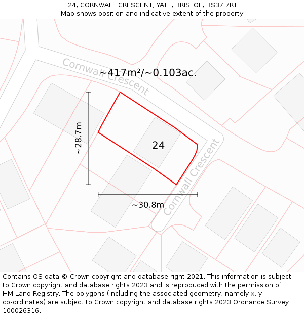 24, CORNWALL CRESCENT, YATE, BRISTOL, BS37 7RT: Plot and title map