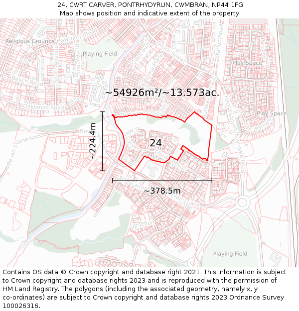 24, CWRT CARVER, PONTRHYDYRUN, CWMBRAN, NP44 1FG: Plot and title map