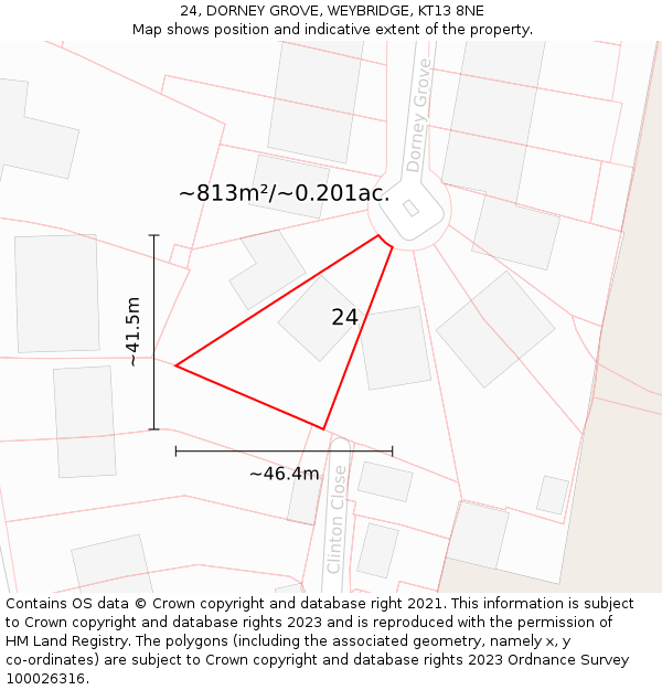 24, DORNEY GROVE, WEYBRIDGE, KT13 8NE: Plot and title map