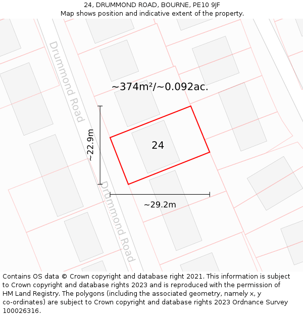 24, DRUMMOND ROAD, BOURNE, PE10 9JF: Plot and title map