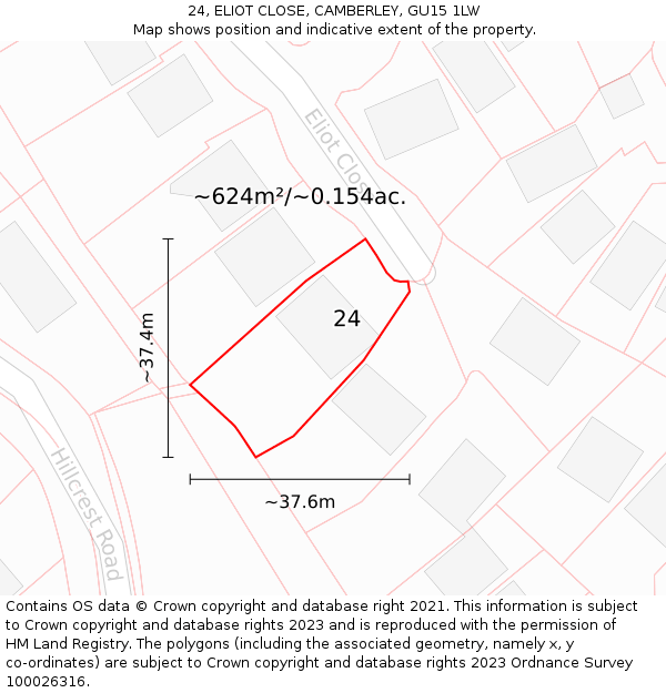 24, ELIOT CLOSE, CAMBERLEY, GU15 1LW: Plot and title map