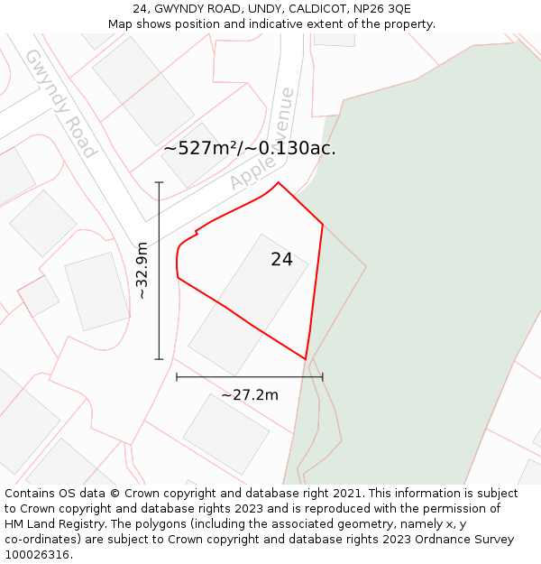 24, GWYNDY ROAD, UNDY, CALDICOT, NP26 3QE: Plot and title map