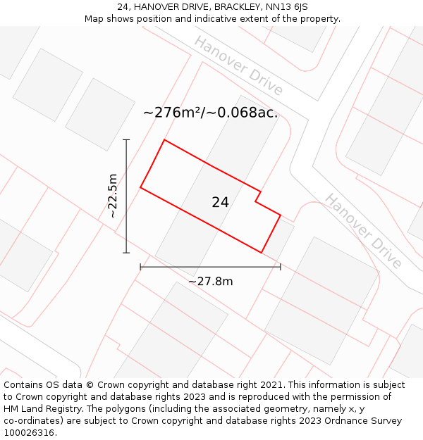 24, HANOVER DRIVE, BRACKLEY, NN13 6JS: Plot and title map