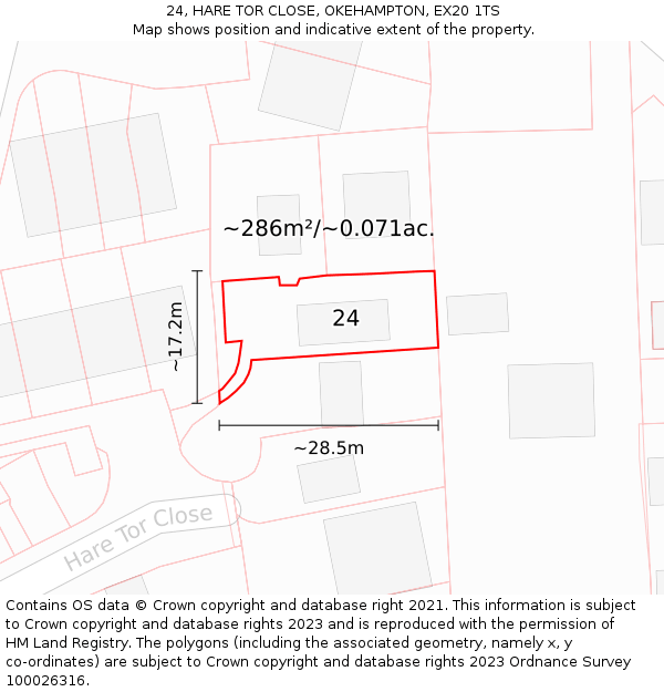 24, HARE TOR CLOSE, OKEHAMPTON, EX20 1TS: Plot and title map