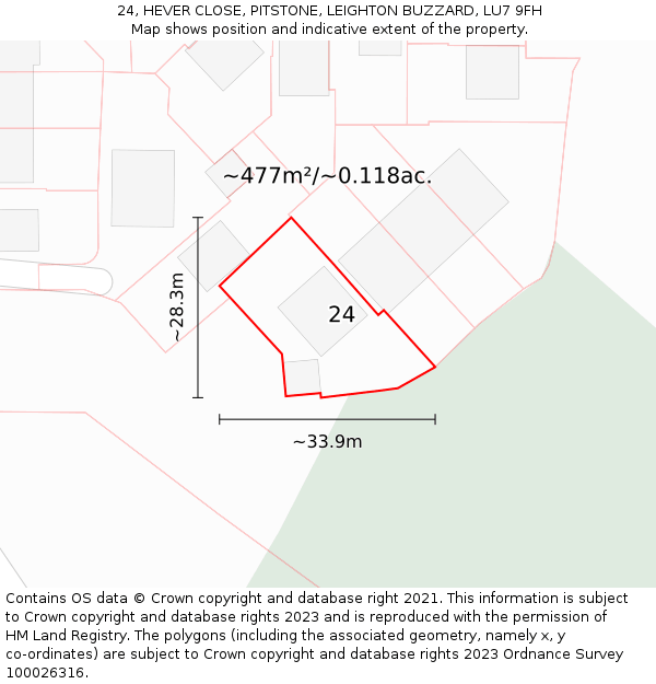 24, HEVER CLOSE, PITSTONE, LEIGHTON BUZZARD, LU7 9FH: Plot and title map