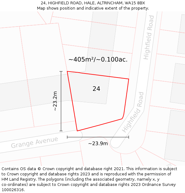 24, HIGHFIELD ROAD, HALE, ALTRINCHAM, WA15 8BX: Plot and title map