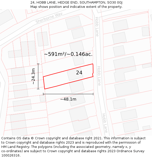 24, HOBB LANE, HEDGE END, SOUTHAMPTON, SO30 0GJ: Plot and title map