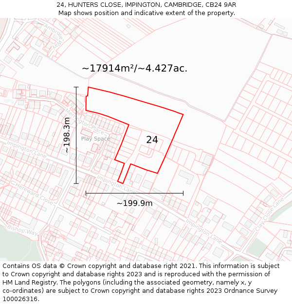 24, HUNTERS CLOSE, IMPINGTON, CAMBRIDGE, CB24 9AR: Plot and title map