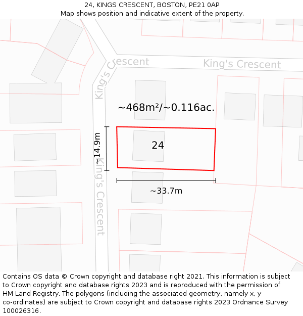 24, KINGS CRESCENT, BOSTON, PE21 0AP: Plot and title map