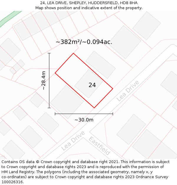 24, LEA DRIVE, SHEPLEY, HUDDERSFIELD, HD8 8HA: Plot and title map