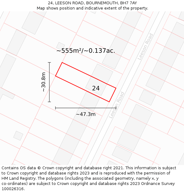 24, LEESON ROAD, BOURNEMOUTH, BH7 7AY: Plot and title map