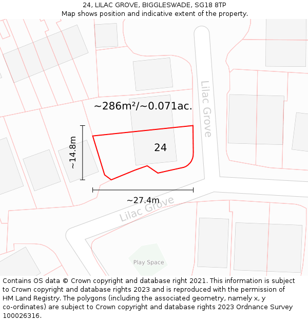 24, LILAC GROVE, BIGGLESWADE, SG18 8TP: Plot and title map