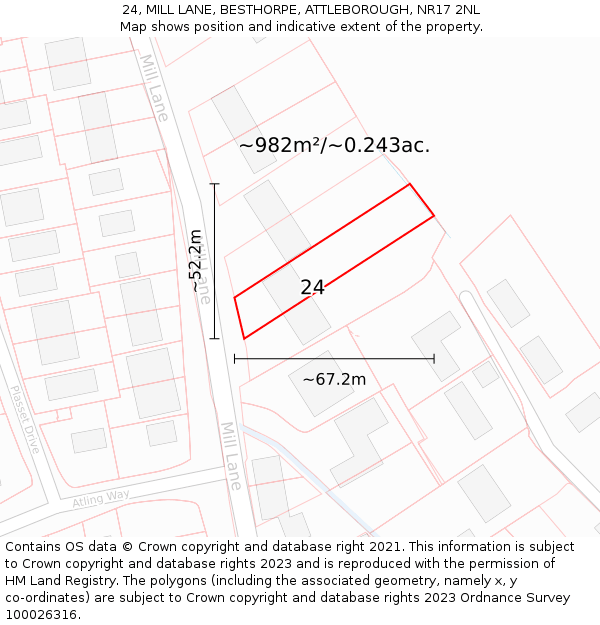 24, MILL LANE, BESTHORPE, ATTLEBOROUGH, NR17 2NL: Plot and title map