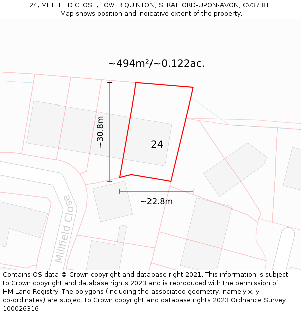 24, MILLFIELD CLOSE, LOWER QUINTON, STRATFORD-UPON-AVON, CV37 8TF: Plot and title map