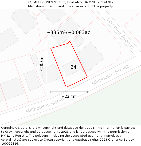 24, MILLHOUSES STREET, HOYLAND, BARNSLEY, S74 9LX: Plot and title map