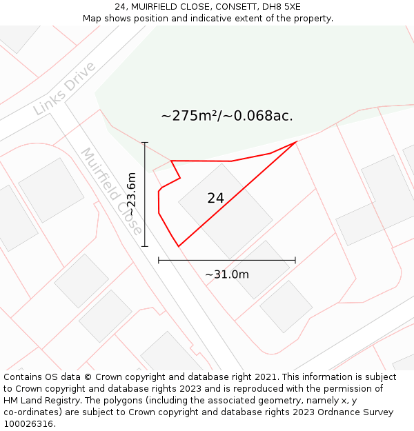 24, MUIRFIELD CLOSE, CONSETT, DH8 5XE: Plot and title map