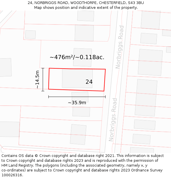 24, NORBRIGGS ROAD, WOODTHORPE, CHESTERFIELD, S43 3BU: Plot and title map