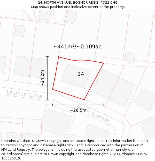 24, NORTH AVENUE, BOGNOR REGIS, PO22 6HG: Plot and title map