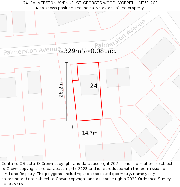 24, PALMERSTON AVENUE, ST. GEORGES WOOD, MORPETH, NE61 2GF: Plot and title map