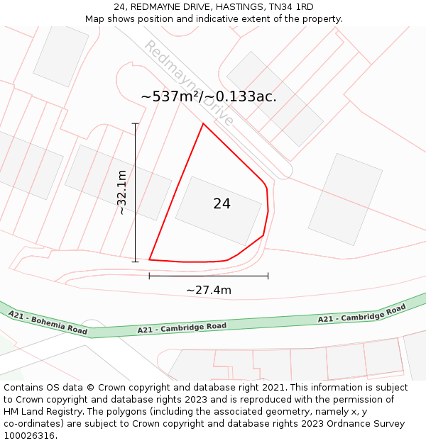 24, REDMAYNE DRIVE, HASTINGS, TN34 1RD: Plot and title map