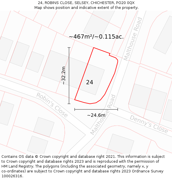 24, ROBINS CLOSE, SELSEY, CHICHESTER, PO20 0QX: Plot and title map