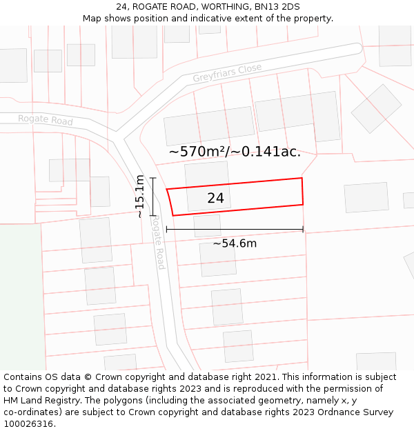 24, ROGATE ROAD, WORTHING, BN13 2DS: Plot and title map