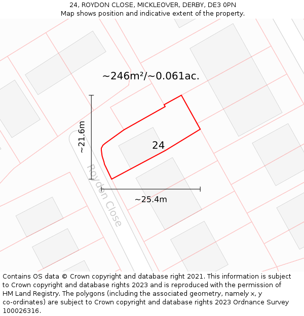 24, ROYDON CLOSE, MICKLEOVER, DERBY, DE3 0PN: Plot and title map