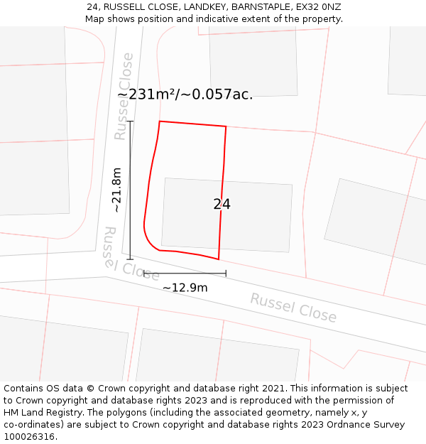 24, RUSSELL CLOSE, LANDKEY, BARNSTAPLE, EX32 0NZ: Plot and title map