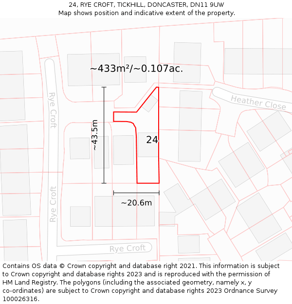24, RYE CROFT, TICKHILL, DONCASTER, DN11 9UW: Plot and title map