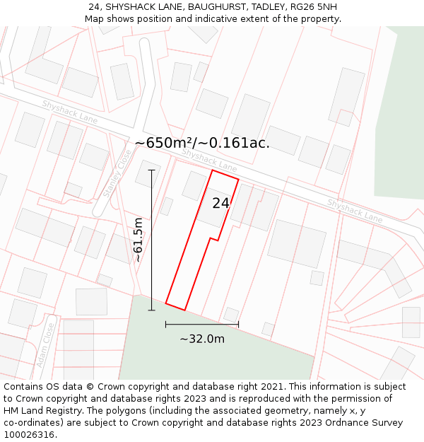 24, SHYSHACK LANE, BAUGHURST, TADLEY, RG26 5NH: Plot and title map
