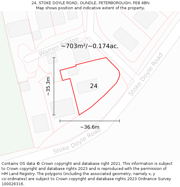 24, STOKE DOYLE ROAD, OUNDLE, PETERBOROUGH, PE8 4BN: Plot and title map