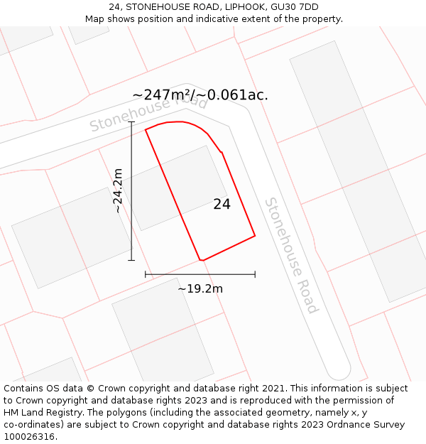 24, STONEHOUSE ROAD, LIPHOOK, GU30 7DD: Plot and title map