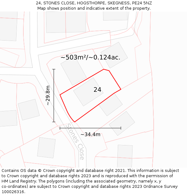 24, STONES CLOSE, HOGSTHORPE, SKEGNESS, PE24 5NZ: Plot and title map