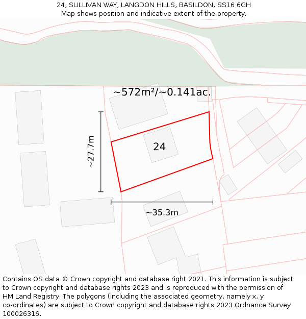 24, SULLIVAN WAY, LANGDON HILLS, BASILDON, SS16 6GH: Plot and title map