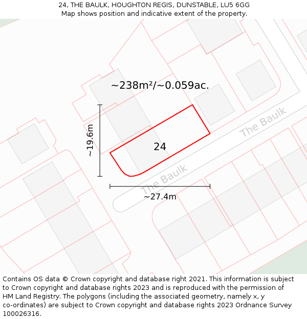 24, THE BAULK, HOUGHTON REGIS, DUNSTABLE, LU5 6GG: Plot and title map