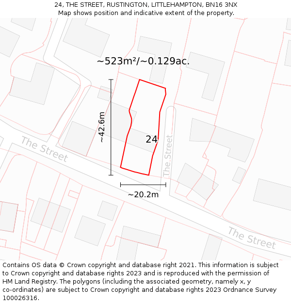 24, THE STREET, RUSTINGTON, LITTLEHAMPTON, BN16 3NX: Plot and title map