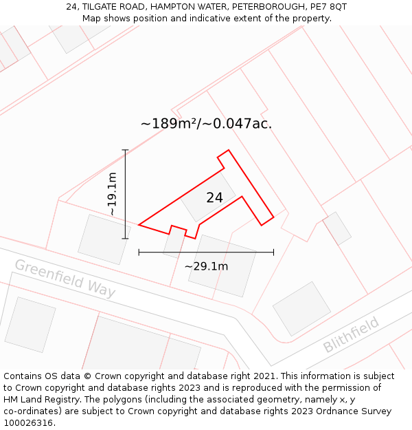 24, TILGATE ROAD, HAMPTON WATER, PETERBOROUGH, PE7 8QT: Plot and title map