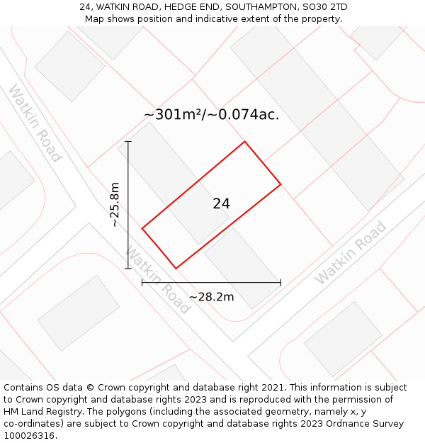 24, WATKIN ROAD, HEDGE END, SOUTHAMPTON, SO30 2TD: Plot and title map