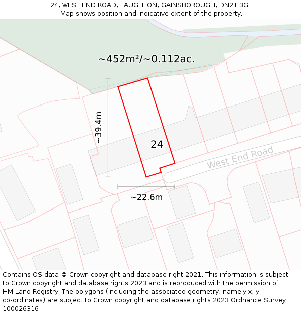 24, WEST END ROAD, LAUGHTON, GAINSBOROUGH, DN21 3GT: Plot and title map