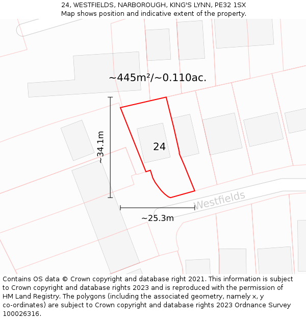 24, WESTFIELDS, NARBOROUGH, KING'S LYNN, PE32 1SX: Plot and title map