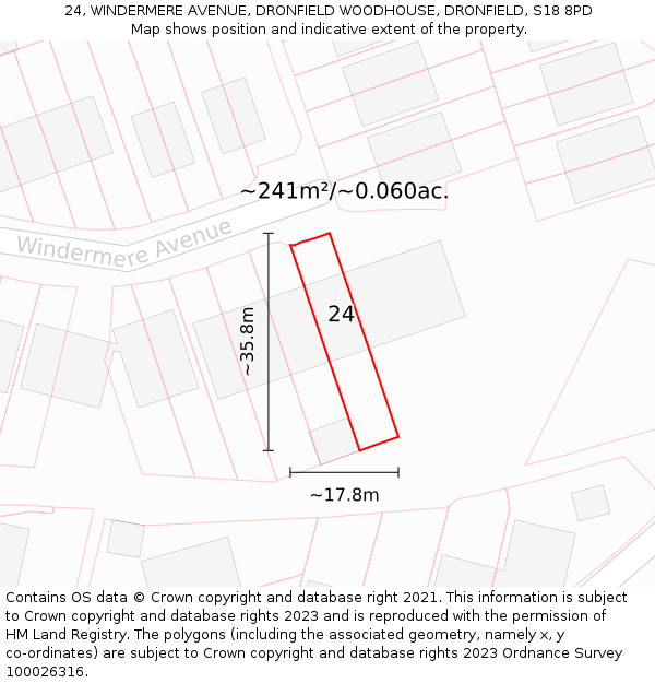 24, WINDERMERE AVENUE, DRONFIELD WOODHOUSE, DRONFIELD, S18 8PD: Plot and title map