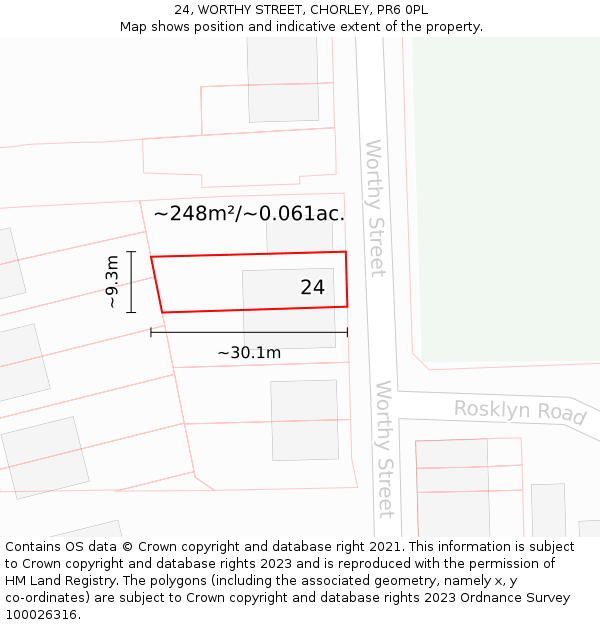 24, WORTHY STREET, CHORLEY, PR6 0PL: Plot and title map