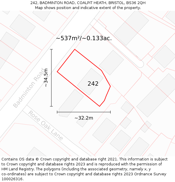 242, BADMINTON ROAD, COALPIT HEATH, BRISTOL, BS36 2QH: Plot and title map