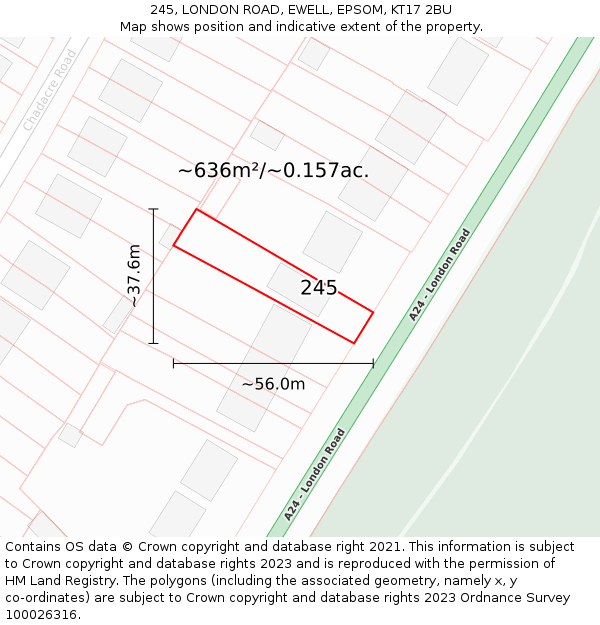 245, LONDON ROAD, EWELL, EPSOM, KT17 2BU: Plot and title map