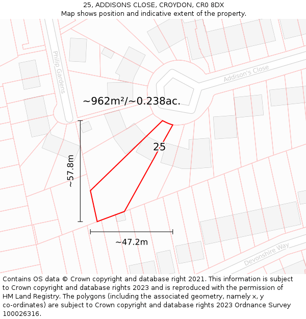 25, ADDISONS CLOSE, CROYDON, CR0 8DX: Plot and title map