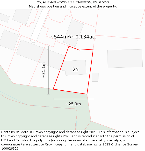 25, AUBYNS WOOD RISE, TIVERTON, EX16 5DG: Plot and title map